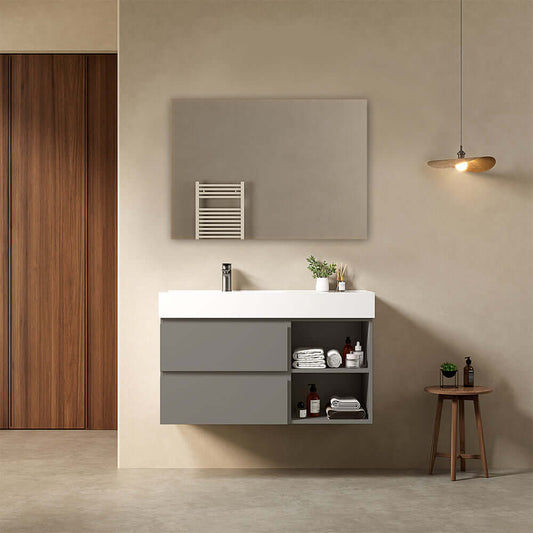 Mobile bagno sospeso 100 cm Grigio Londra Lavabo a Sinistra in Resina Specchio Quadro - Fiji Paint Plus