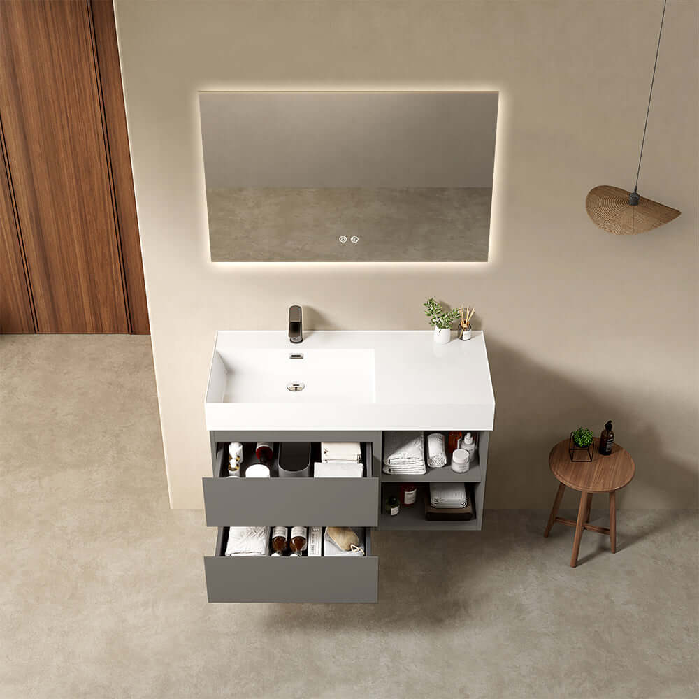 Mobile bagno sospeso 100 cm Grigio Londra Lavabo a Sinistra in Resina Specchio Quadro Retroilluminato - Fiji Paint Plus