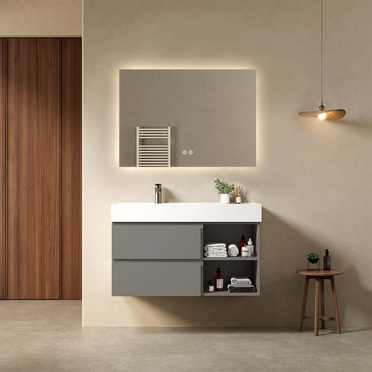 Mobile bagno sospeso 100 cm Grigio Londra Lavabo a Sinistra in Resina Specchio Quadro Retroilluminato - Fiji Paint Plus