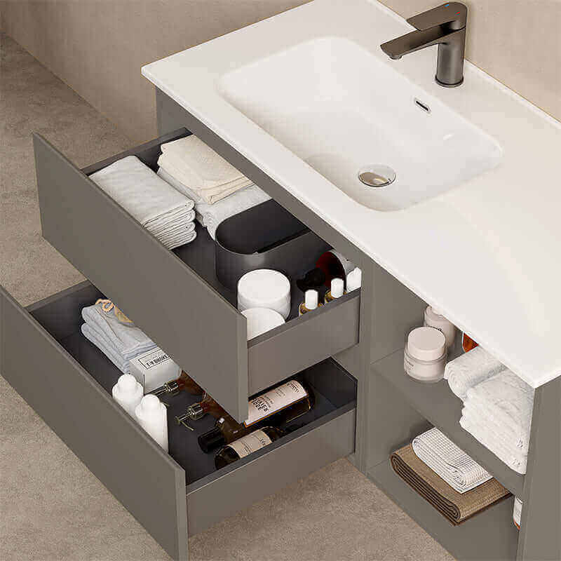 Mobile bagno sospeso 100 cm Grigio Londra Lavabo a Sinistra in Ceramica Specchio Tondo Retroilluminato - Fiji Paint Plus