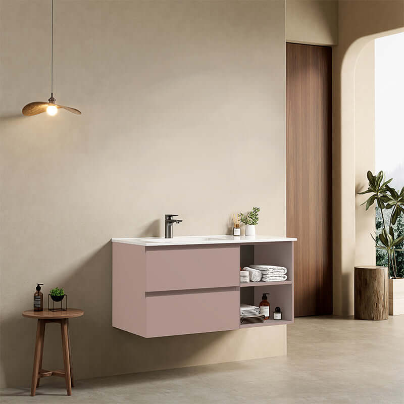 Mobile bagno sospeso 100 cm Rosa Retro Lavabo a Sinistra in Ceramica Senza Specchio - Fiji Paint Plus