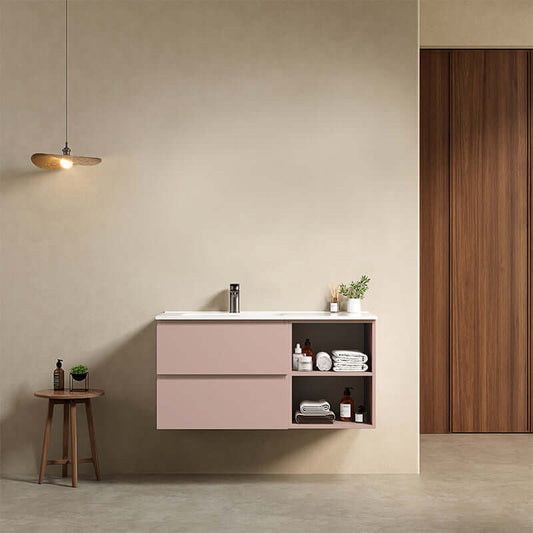 Mobile bagno sospeso 100 cm Rosa Retro Lavabo a Sinistra in Ceramica Senza Specchio - Fiji Paint Plus
