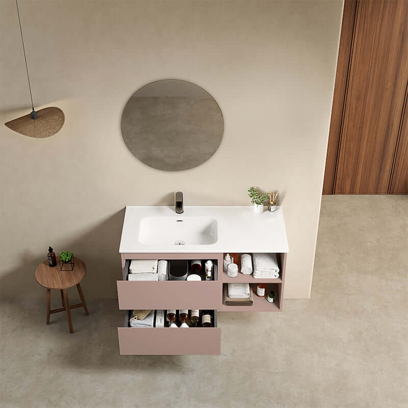 Mobile bagno sospeso 100 cm Rosa Retro Lavabo a Sinistra in Ceramica Specchio Tondo - Fiji Paint Plus