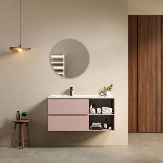 Mobile bagno sospeso 100 cm Rosa Retro Lavabo a Sinistra in Ceramica Specchio Tondo - Fiji Paint Plus