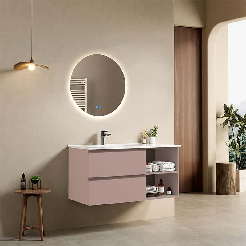 Mobile bagno sospeso 100 cm Rosa Retro Lavabo a Sinistra in Ceramica Specchio Tondo Retroilluminato - Fiji Paint Plus
