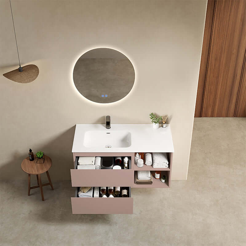 Mobile bagno sospeso 100 cm Rosa Retro Lavabo a Sinistra in Ceramica Specchio Tondo Retroilluminato - Fiji Paint Plus