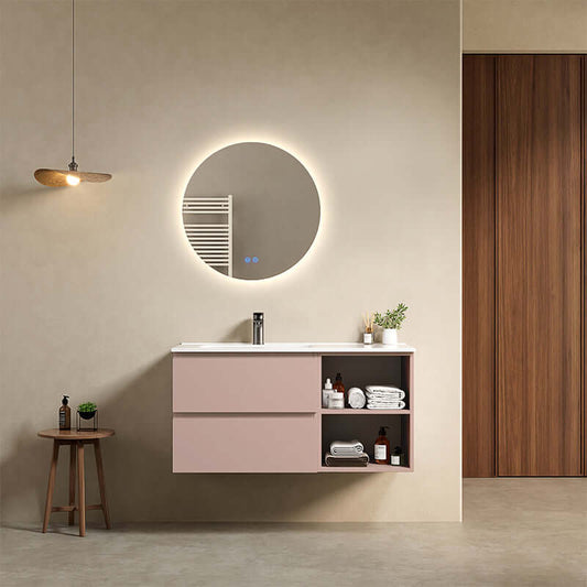 Mobile bagno sospeso 100 cm Rosa Retro Lavabo a Sinistra in Ceramica Specchio Tondo Retroilluminato - Fiji Paint Plus