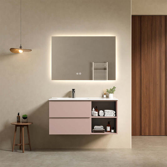 Mobile bagno sospeso 100 cm Rosa Retro Lavabo a Sinistra in Ceramica Specchio Quadro Retroilluminato - Fiji Paint Plus