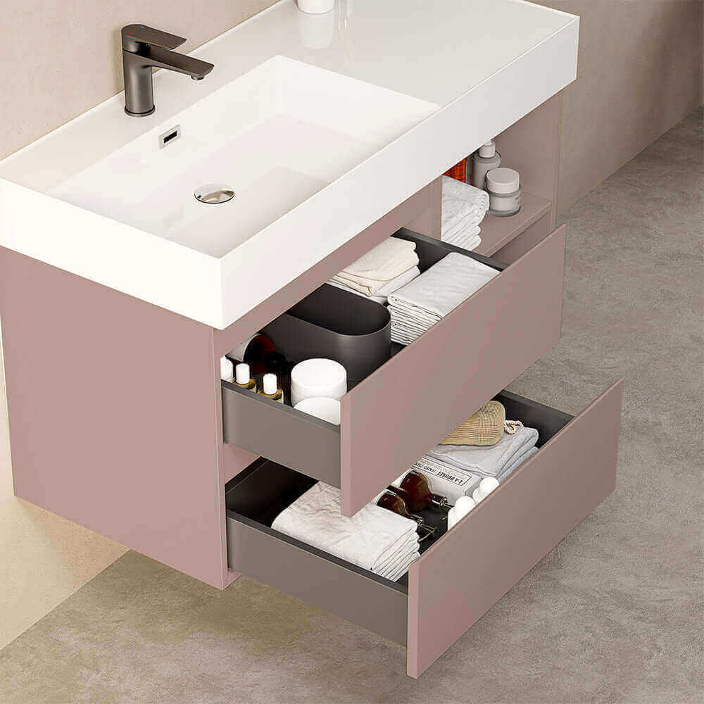 Mobile bagno sospeso 100 cm Rosa Retro Lavabo a Sinistra in Resina Senza Specchio - Fiji Paint Plus