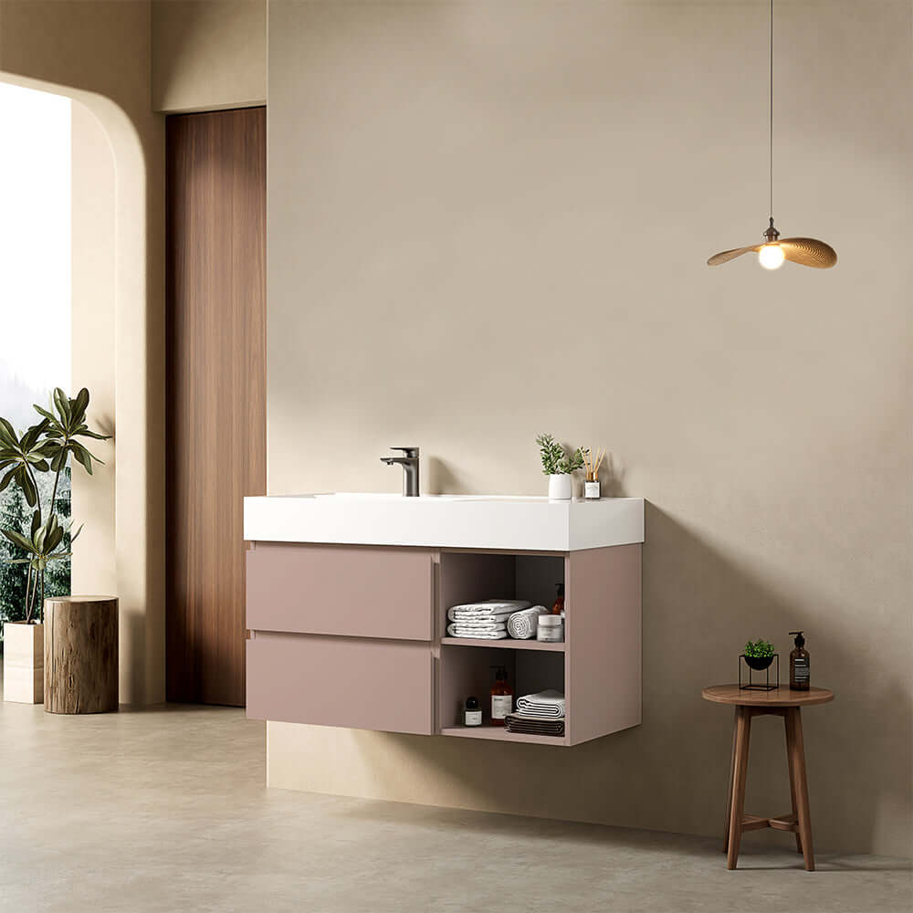 Mobile bagno sospeso 100 cm Rosa Retro Lavabo a Sinistra in Resina Senza Specchio - Fiji Paint Plus