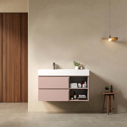Mobile bagno sospeso 100 cm Rosa Retro Lavabo a Sinistra in Resina Senza Specchio - Fiji Paint Plus