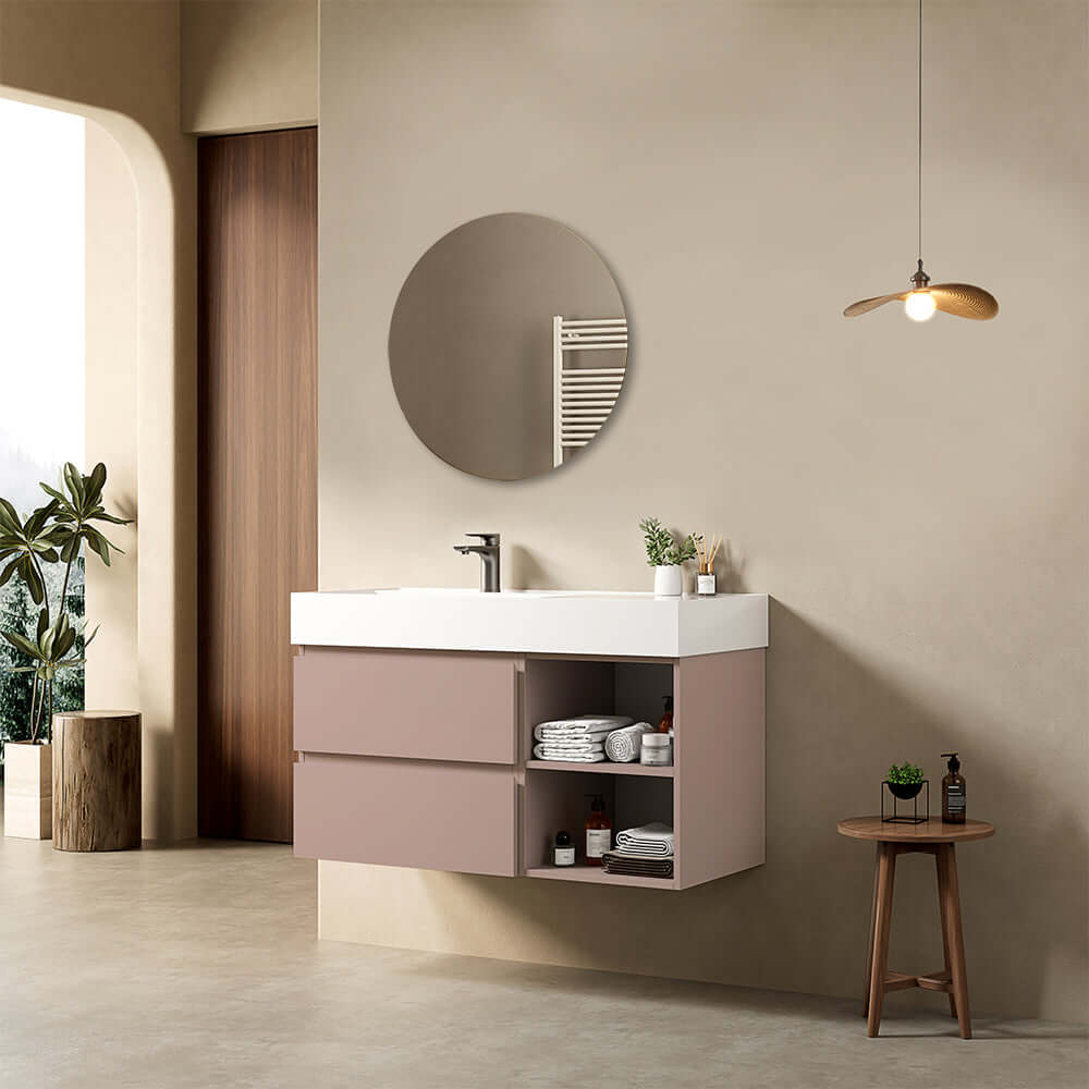 Mobile bagno sospeso 100 cm Rosa Retro Lavabo a Sinistra in Resina Specchio Tondo - Fiji Paint Plus