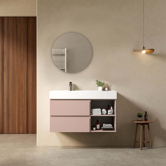 Mobile bagno sospeso 100 cm Rosa Retro Lavabo a Sinistra in Resina Specchio Tondo - Fiji Paint Plus