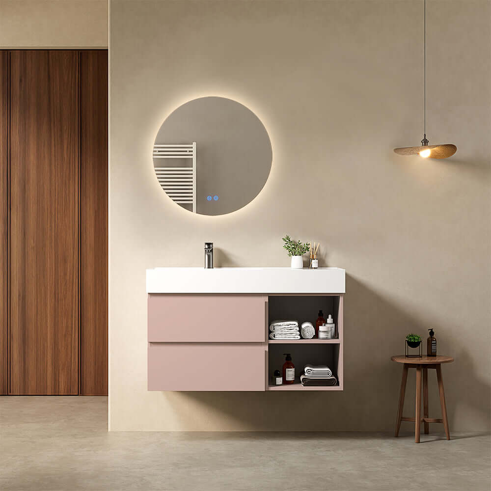 Mobile bagno sospeso 100 cm Rosa Retro Lavabo a Sinistra in Resina Specchio Tondo Retroilluminato - Fiji Paint Plus