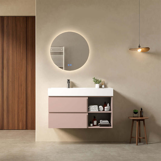 Mobile bagno sospeso 100 cm Rosa Retro Lavabo a Sinistra in Resina Specchio Tondo Retroilluminato - Fiji Paint Plus