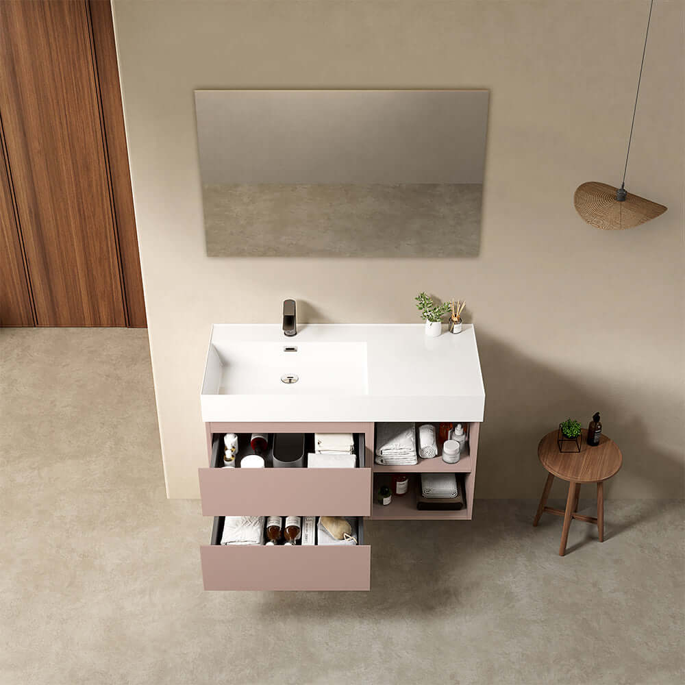 Mobile bagno sospeso 100 cm Rosa Retro Lavabo a Sinistra in Resina Specchio Quadro - Fiji Paint Plus