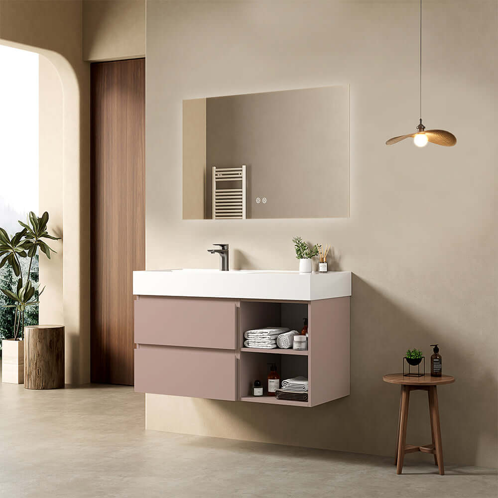 Mobile bagno sospeso 100 cm Rosa Retro Lavabo a Sinistra in Resina Specchio Quadro Retroilluminato - Fiji Paint Plus