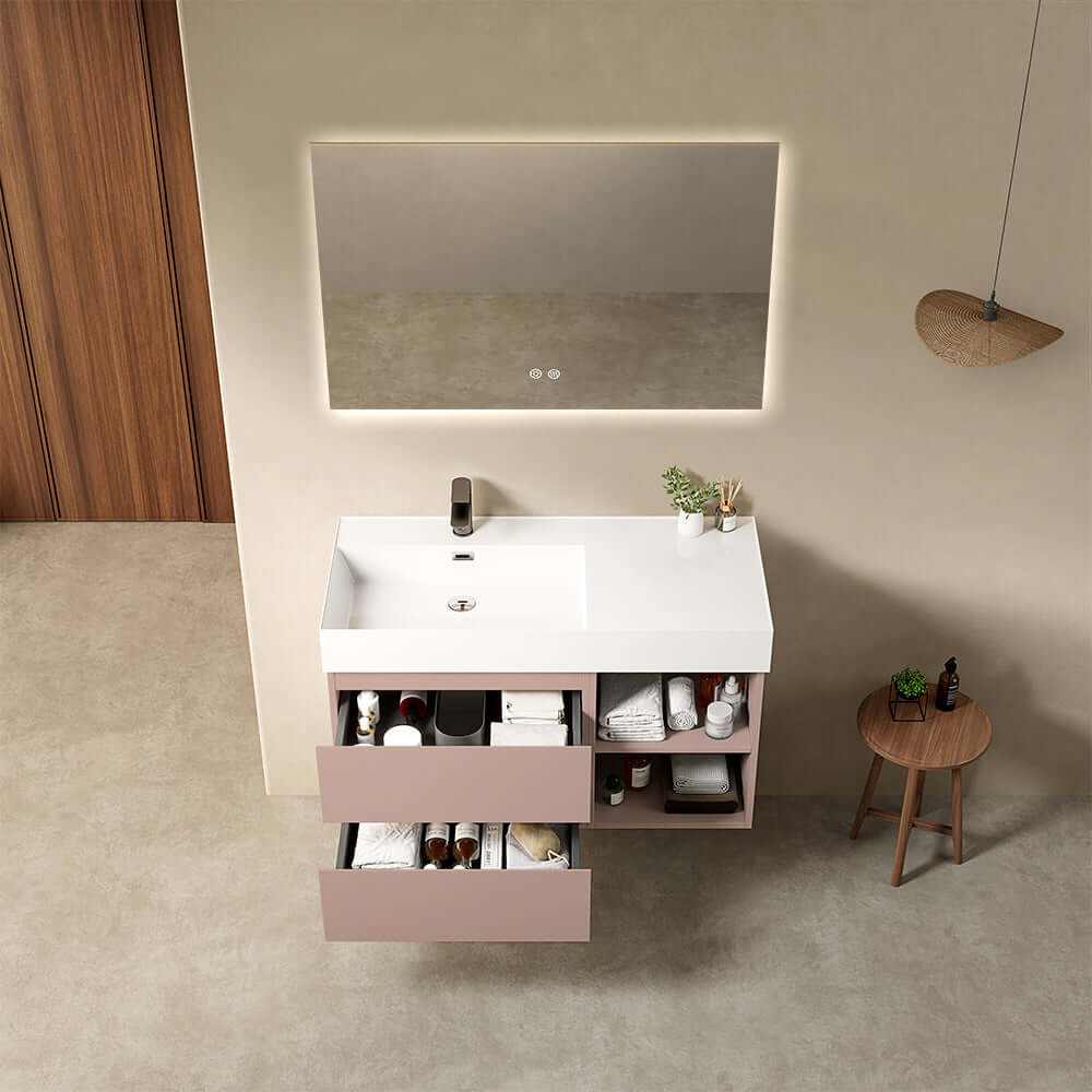 Mobile bagno sospeso 100 cm Rosa Retro Lavabo a Sinistra in Resina Specchio Quadro Retroilluminato - Fiji Paint Plus
