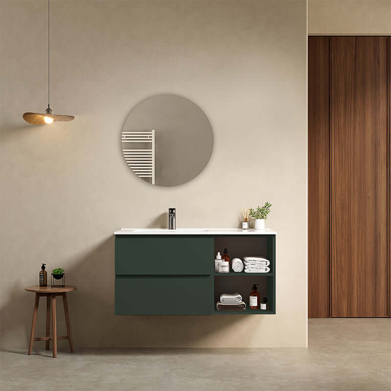 Mobile bagno sospeso 100 cm Verde Comodoro Lavabo a Sinistra in Ceramica Specchio Tondo - Fiji Paint Plus