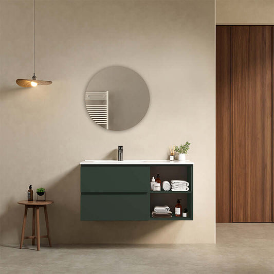 Mobile bagno sospeso 100 cm Verde Comodoro Lavabo a Sinistra in Ceramica Specchio Tondo - Fiji Paint Plus