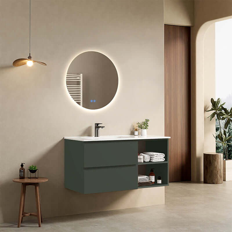 Mobile bagno sospeso 100 cm Verde Comodoro Lavabo a Sinistra in Ceramica Specchio Tondo Retroilluminato - Fiji Paint Plus
