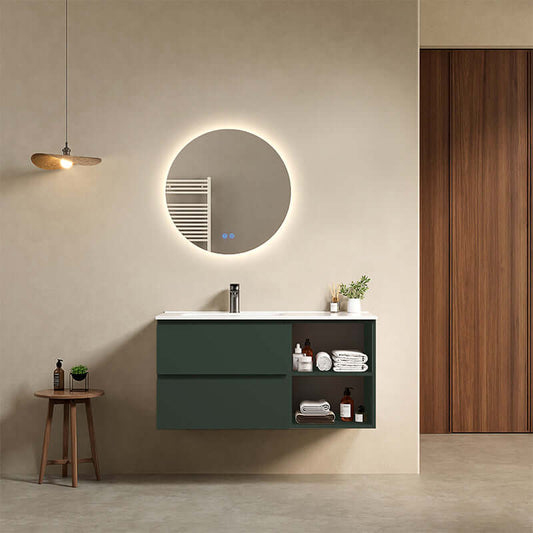 Mobile bagno sospeso 100 cm Verde Comodoro Lavabo a Sinistra in Ceramica Specchio Tondo Retroilluminato - Fiji Paint Plus