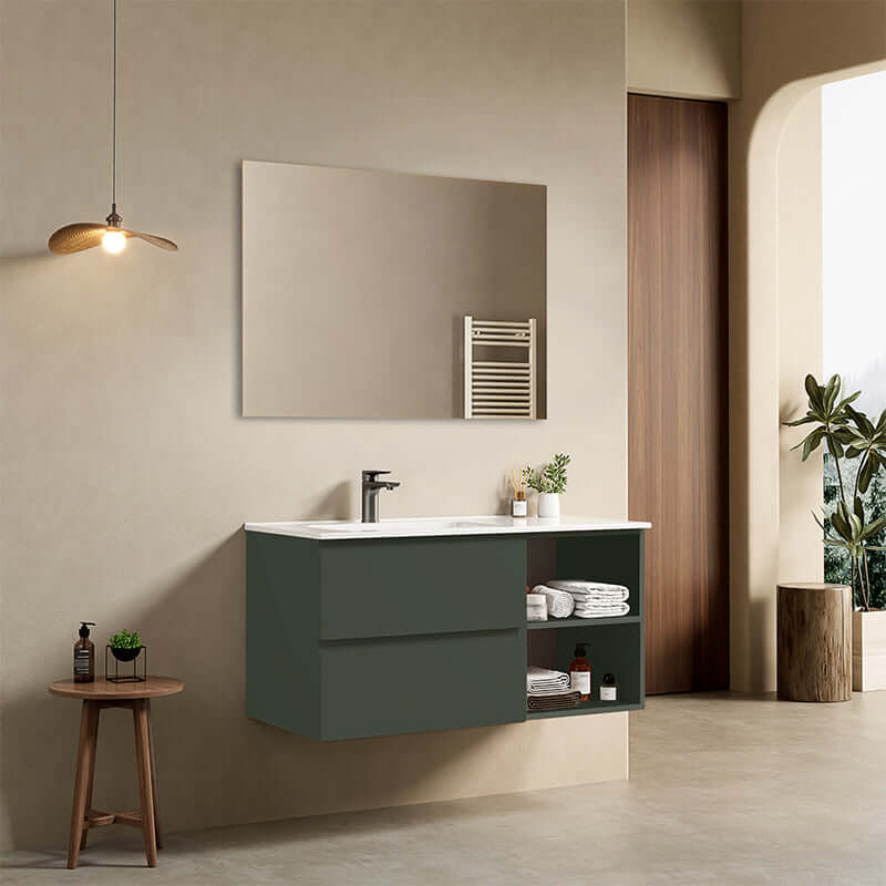 Mobile bagno sospeso 100 cm Verde Comodoro Lavabo a Sinistra in Ceramica Specchio Quadro - Fiji Paint Plus