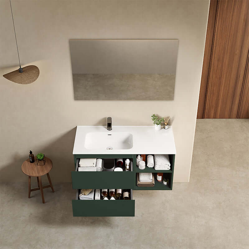 Mobile bagno sospeso 100 cm Verde Comodoro Lavabo a Sinistra in Ceramica Specchio Quadro - Fiji Paint Plus