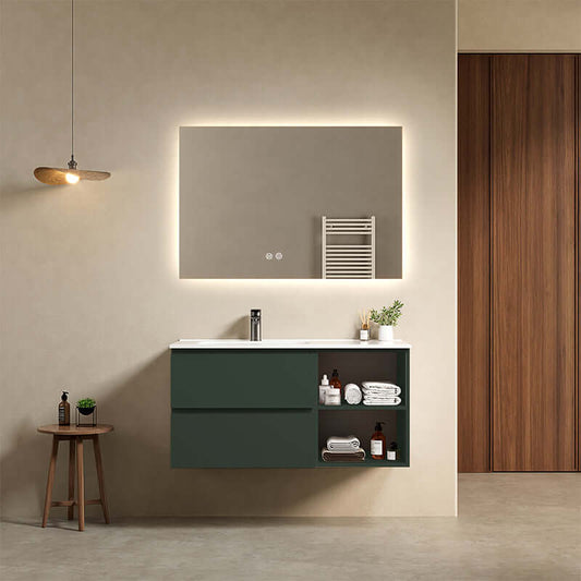 Mobile bagno sospeso 100 cm Verde Comodoro Lavabo a Sinistra in Ceramica Specchio Quadro Retroilluminato - Fiji Paint Plus