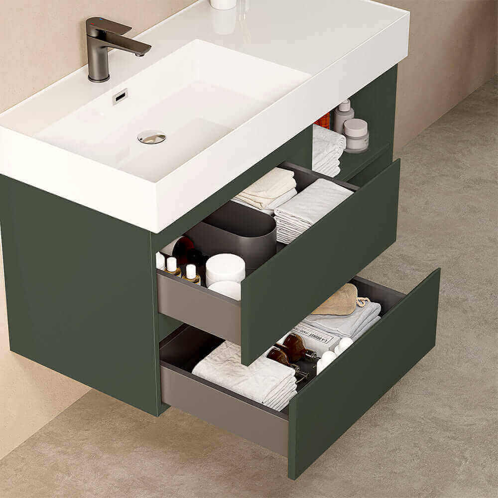 Mobile bagno sospeso 100 cm Verde Comodoro Lavabo a Sinistra in Resina Senza Specchio - Fiji Paint Plus