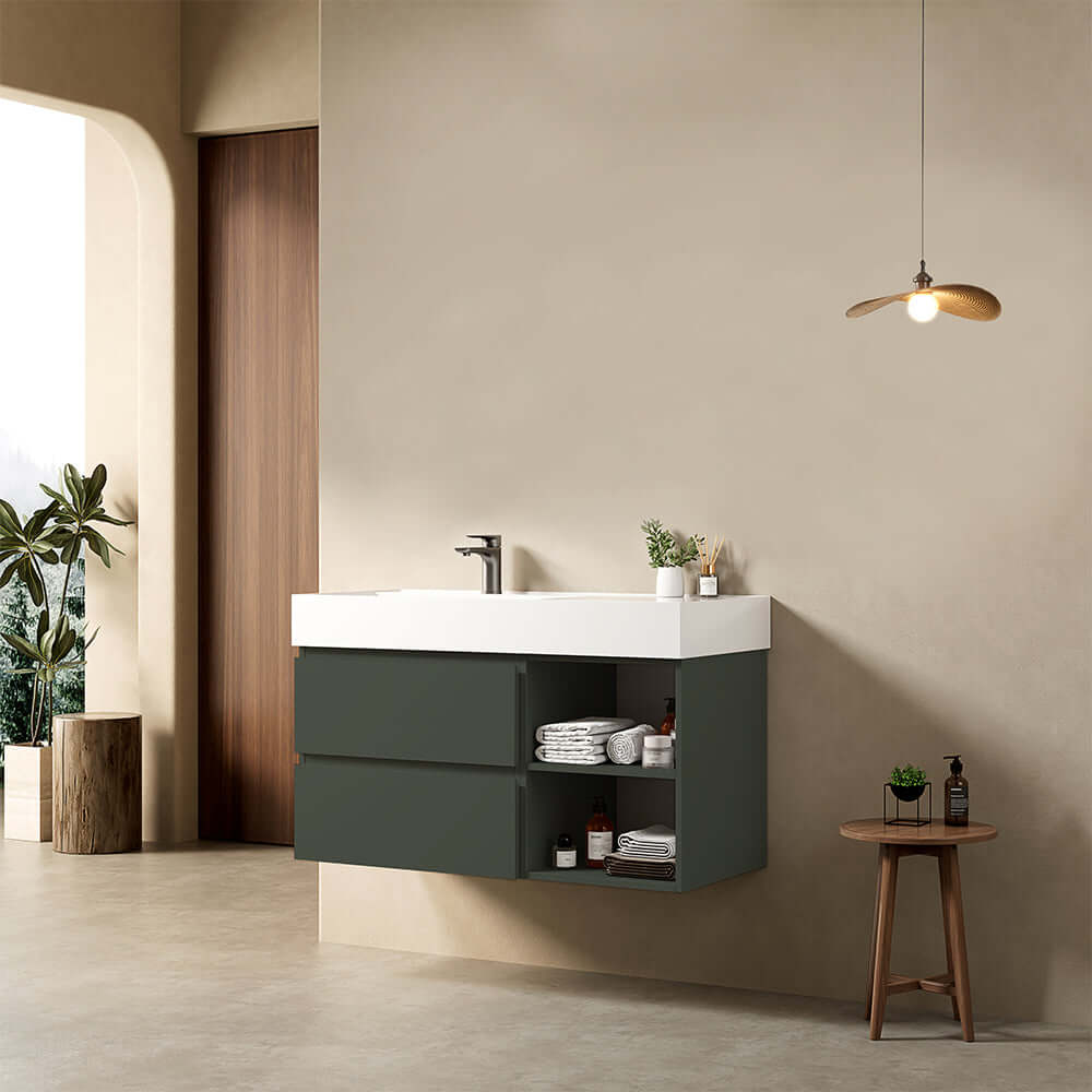 Mobile bagno sospeso 100 cm Verde Comodoro Lavabo a Sinistra in Resina Senza Specchio - Fiji Paint Plus