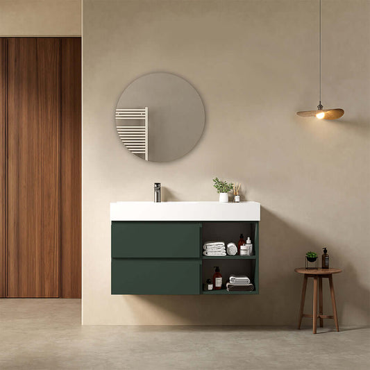 Mobile bagno sospeso 100 cm Verde Comodoro Lavabo a Sinistra in Resina Specchio Tondo - Fiji Paint Plus