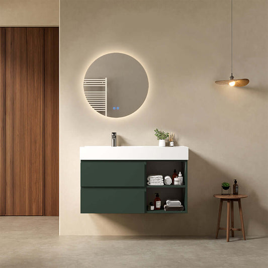 Mobile bagno sospeso 100 cm Verde Comodoro Lavabo a Sinistra in Resina Specchio Tondo Retroilluminato - Fiji Paint Plus