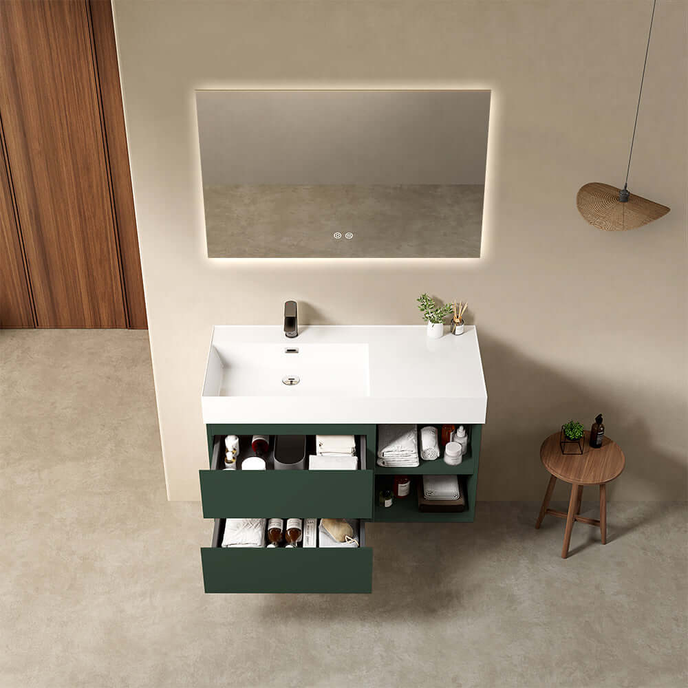 Mobile bagno sospeso 100 cm Verde Comodoro Lavabo a Sinistra in Resina Specchio Quadro Retroilluminato - Fiji Paint Plus