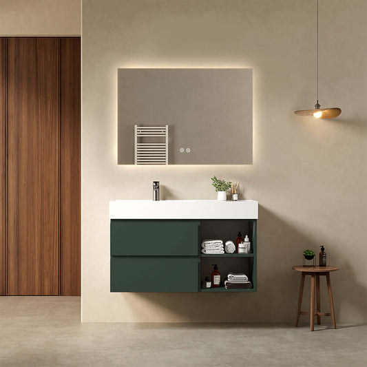 Mobile bagno sospeso 100 cm Verde Comodoro Lavabo a Sinistra in Resina Specchio Quadro Retroilluminato - Fiji Paint Plus