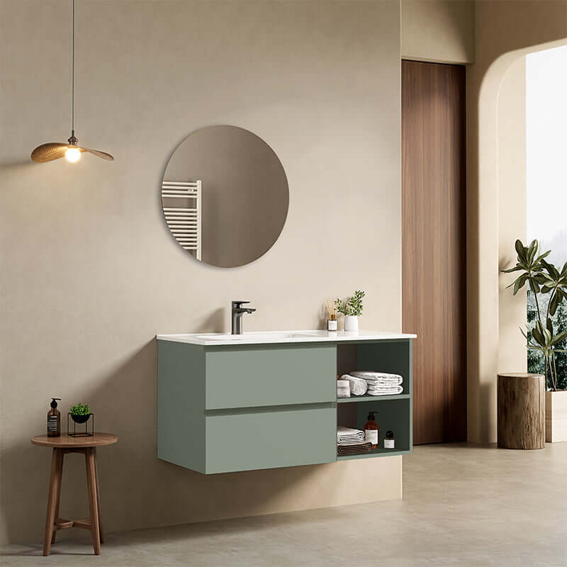 Mobile bagno sospeso 100 cm Verde Salvia Lavabo a Sinistra in Ceramica Specchio Tondo - Fiji Paint Plus