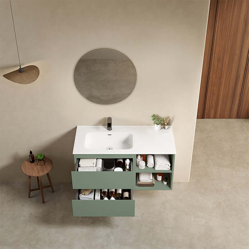 Mobile bagno sospeso 100 cm Verde Salvia Lavabo a Sinistra in Ceramica Specchio Tondo - Fiji Paint Plus