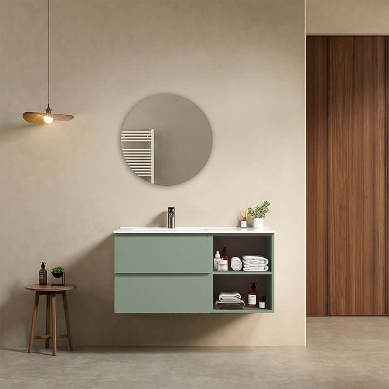Mobile bagno sospeso 100 cm Verde Salvia Lavabo a Sinistra in Ceramica Specchio Tondo - Fiji Paint Plus