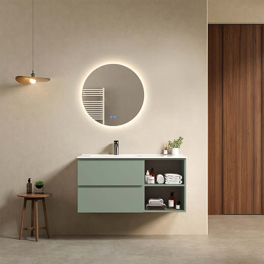 Mobile bagno sospeso 100 cm Verde Salvia Lavabo a Sinistra in Ceramica Specchio Tondo Retroilluminato - Fiji Paint Plus