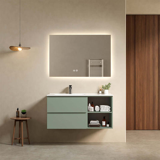 Mobile bagno sospeso 100 cm Verde Salvia Lavabo a Sinistra in Ceramica Specchio Quadro Retroilluminato - Fiji Paint Plus