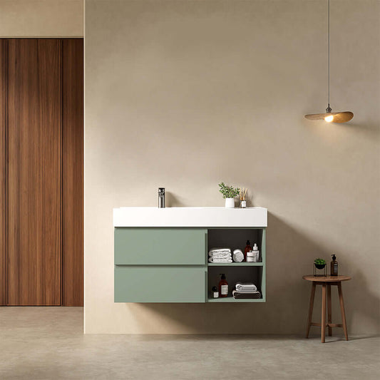 Mobile bagno sospeso 100 cm Verde Salvia Lavabo a Sinistra in Resina Senza Specchio - Fiji Paint Plus