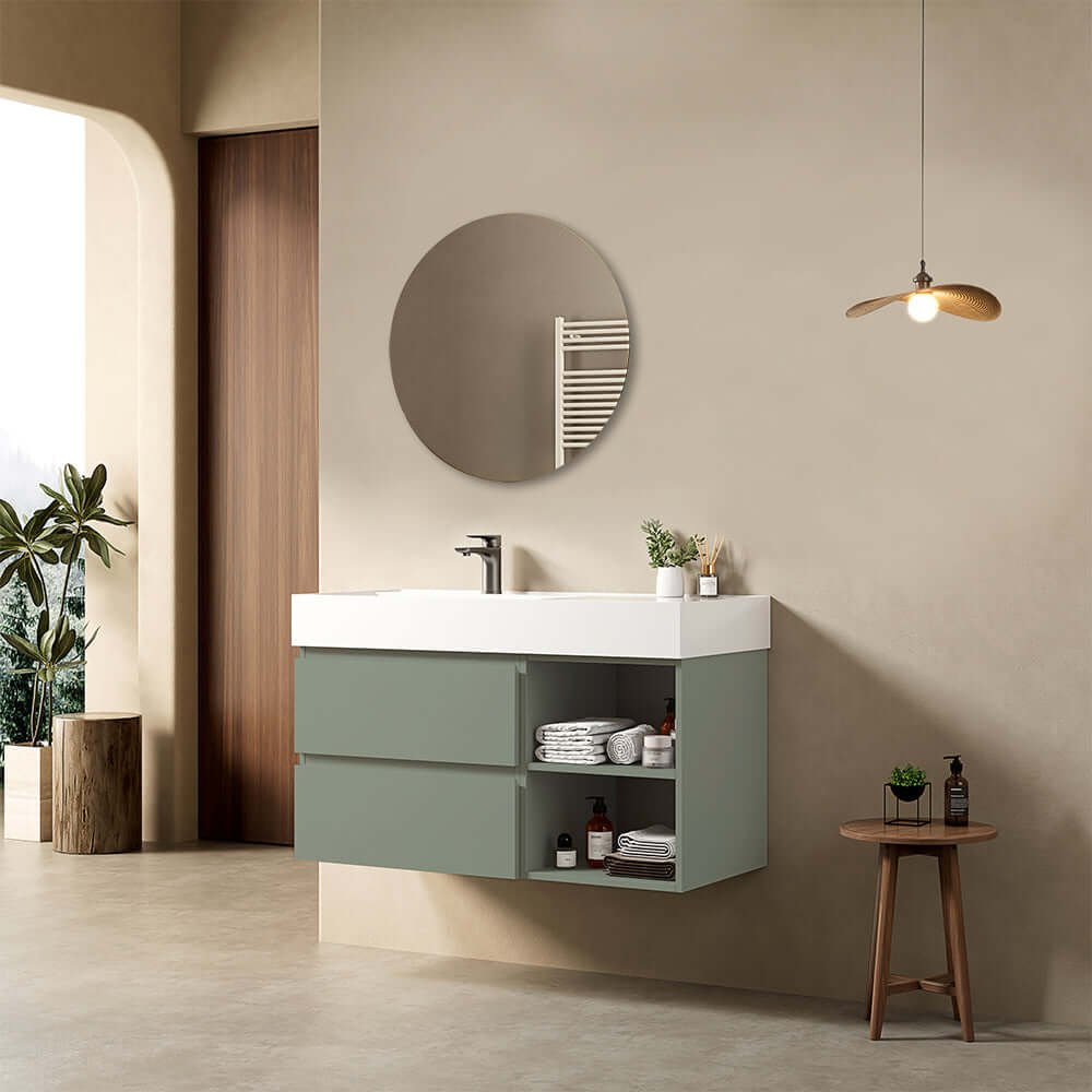 Mobile bagno sospeso 100 cm Verde Salvia Lavabo a Sinistra in Resina Specchio Tondo - Fiji Paint Plus