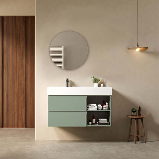Mobile bagno sospeso 100 cm Verde Salvia Lavabo a Sinistra in Resina Specchio Tondo - Fiji Paint Plus