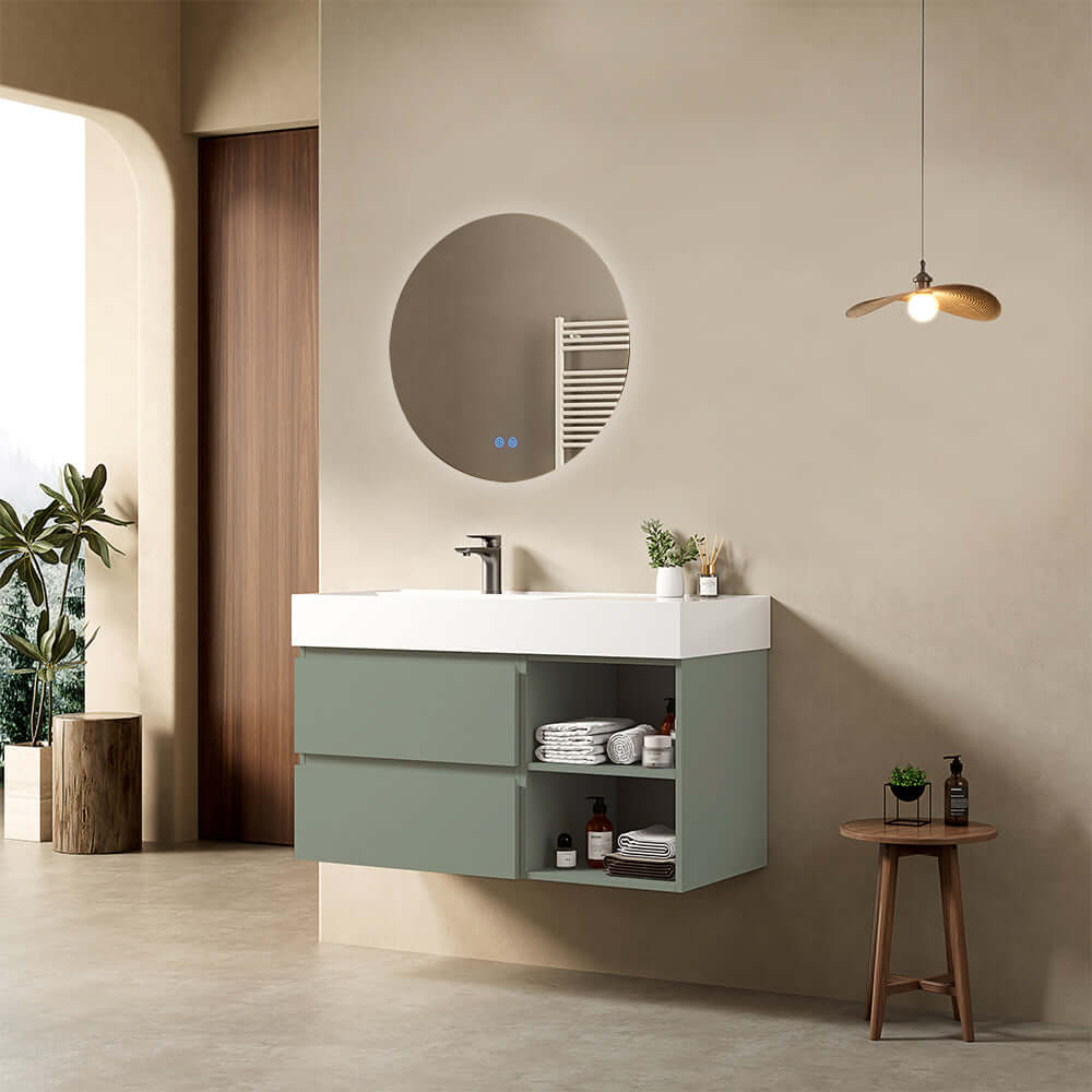 Mobile bagno sospeso 100 cm Verde Salvia Lavabo a Sinistra in Resina Specchio Tondo Retroilluminato - Fiji Paint Plus