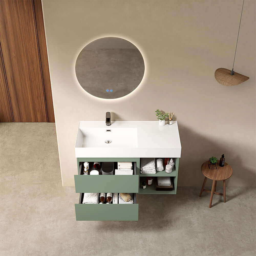 Mobile bagno sospeso 100 cm Verde Salvia Lavabo a Sinistra in Resina Specchio Tondo Retroilluminato - Fiji Paint Plus