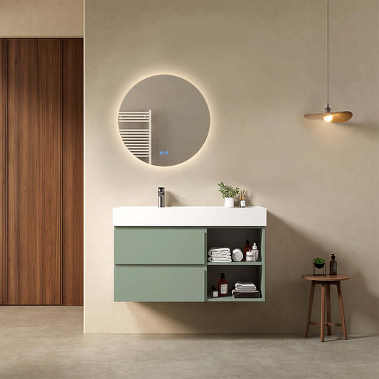 Mobile bagno sospeso 100 cm Verde Salvia Lavabo a Sinistra in Resina Specchio Tondo Retroilluminato - Fiji Paint Plus