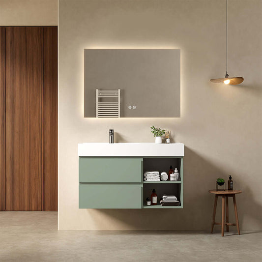 Mobile bagno sospeso 100 cm Verde Salvia Lavabo a Sinistra in Resina Specchio Quadro Retroilluminato - Fiji Paint Plus