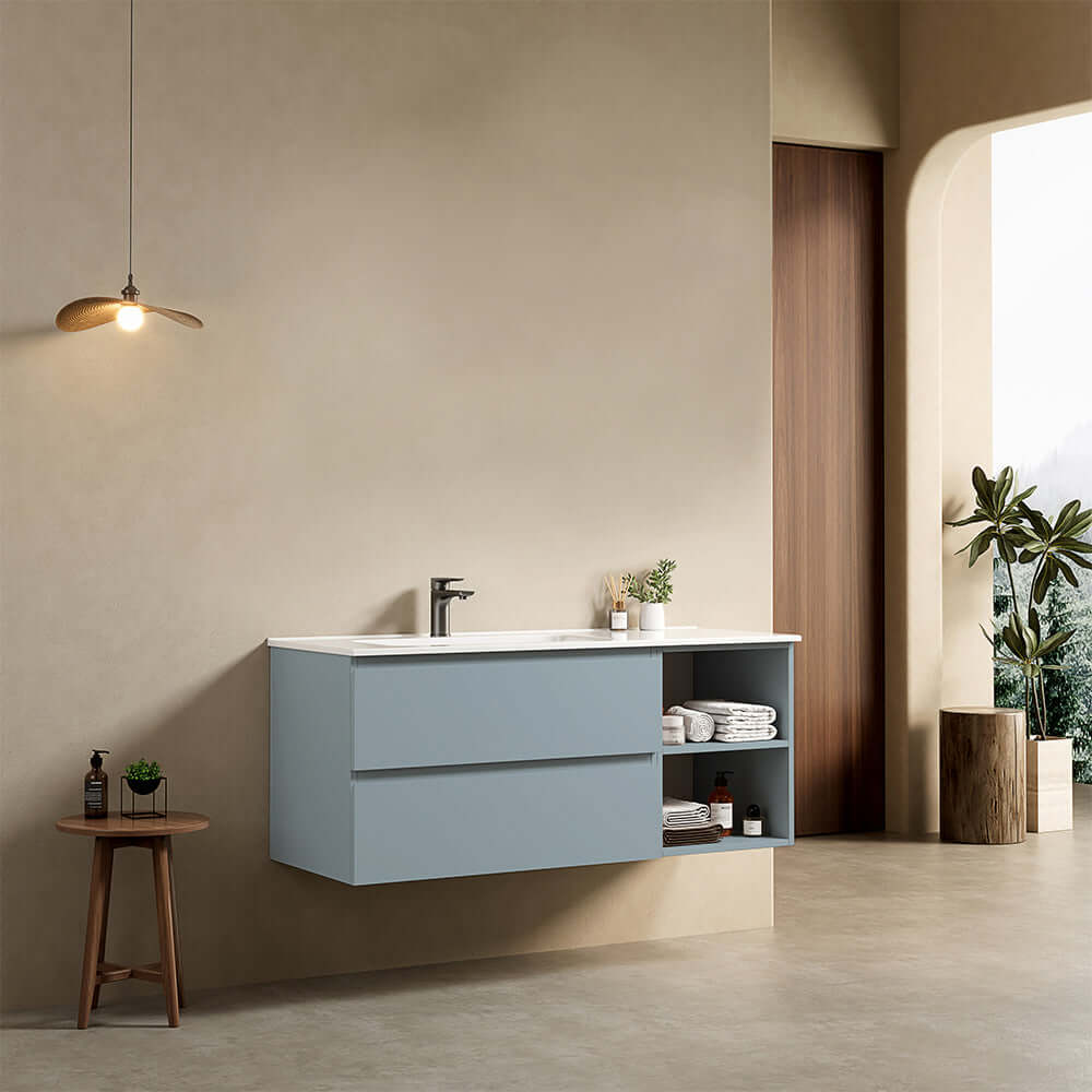 Mobile bagno sospeso 120 cm Blu Avio Lavabo a Sinistra in Ceramica Senza Specchio - Fiji Paint Plus