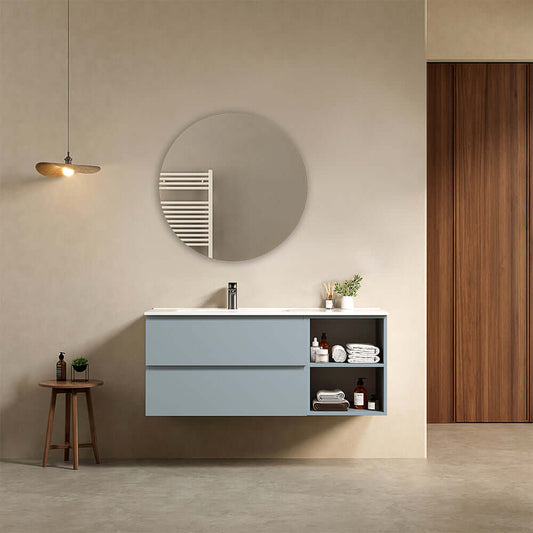 Mobile bagno sospeso 120 cm Blu Avio Lavabo a Sinistra in Ceramica Specchio Tondo - Fiji Paint Plus