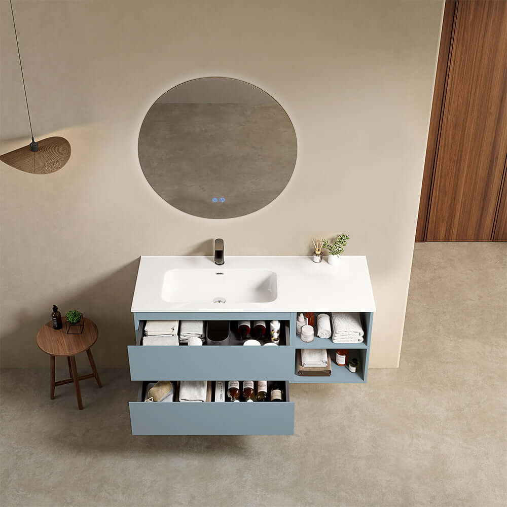 Mobile bagno sospeso 120 cm Blu Avio Lavabo a Sinistra in Ceramica Specchio Tondo Retroilluminato - Fiji Paint Plus